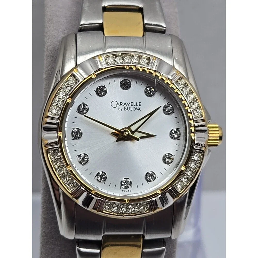 Caravelle by Bulova Gold Silver Two Tone Crystal Petite Dress Watch New Battery
